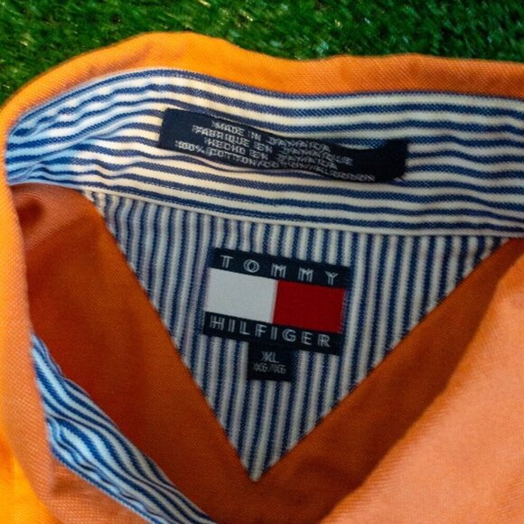 TOMMY HILFIGER MENS CASUAL SHIRT VINTAGE 90S LONG SLEEVE ORANGE BREAST POCKET XL - Picture 3 of 6